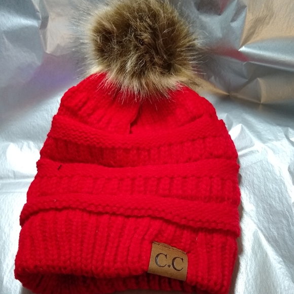 C.C Accessories - *New* C.C. Red Beanie Hat with Faux Fur Pom